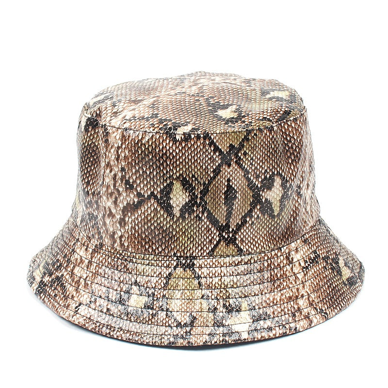 PU Snake Print Bucket Hat - Unisex Reversible Fashion Hat for Outdoor Sun Protection, Trendy Dual-Sided Design
