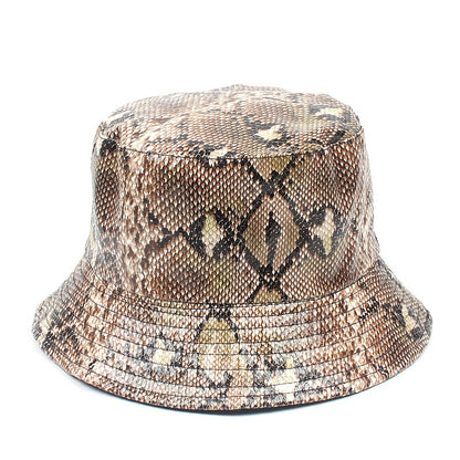 PU Snake Print Bucket Hat - Unisex Reversible Fashion Hat for Outdoor Sun Protection, Trendy Dual-Sided Design