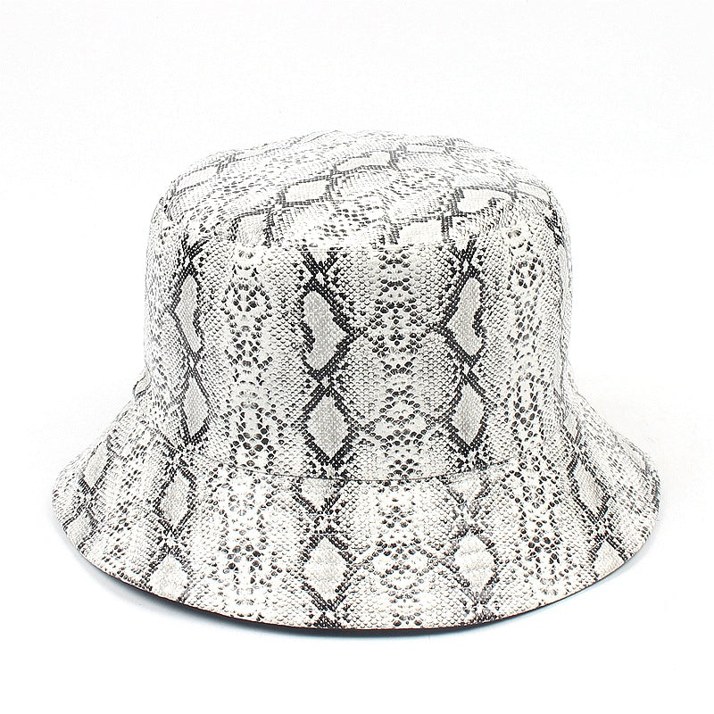 PU Snake Print Bucket Hat - Unisex Reversible Fashion Hat for Outdoor Sun Protection, Trendy Dual-Sided Design