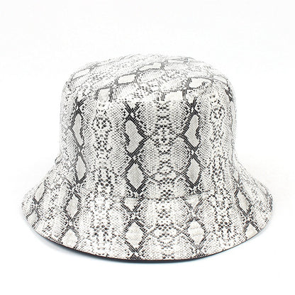 PU Snake Print Bucket Hat - Unisex Reversible Fashion Hat for Outdoor Sun Protection, Trendy Dual-Sided Design