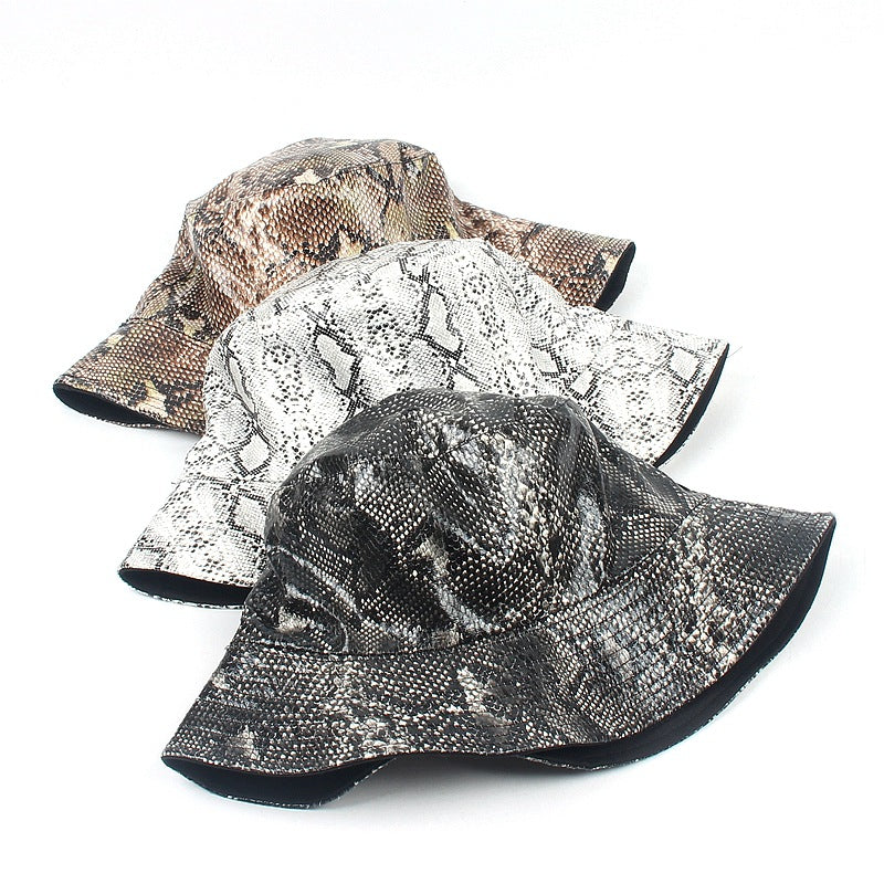 PU Snake Print Bucket Hat - Unisex Reversible Fashion Hat for Outdoor Sun Protection, Trendy Dual-Sided Design