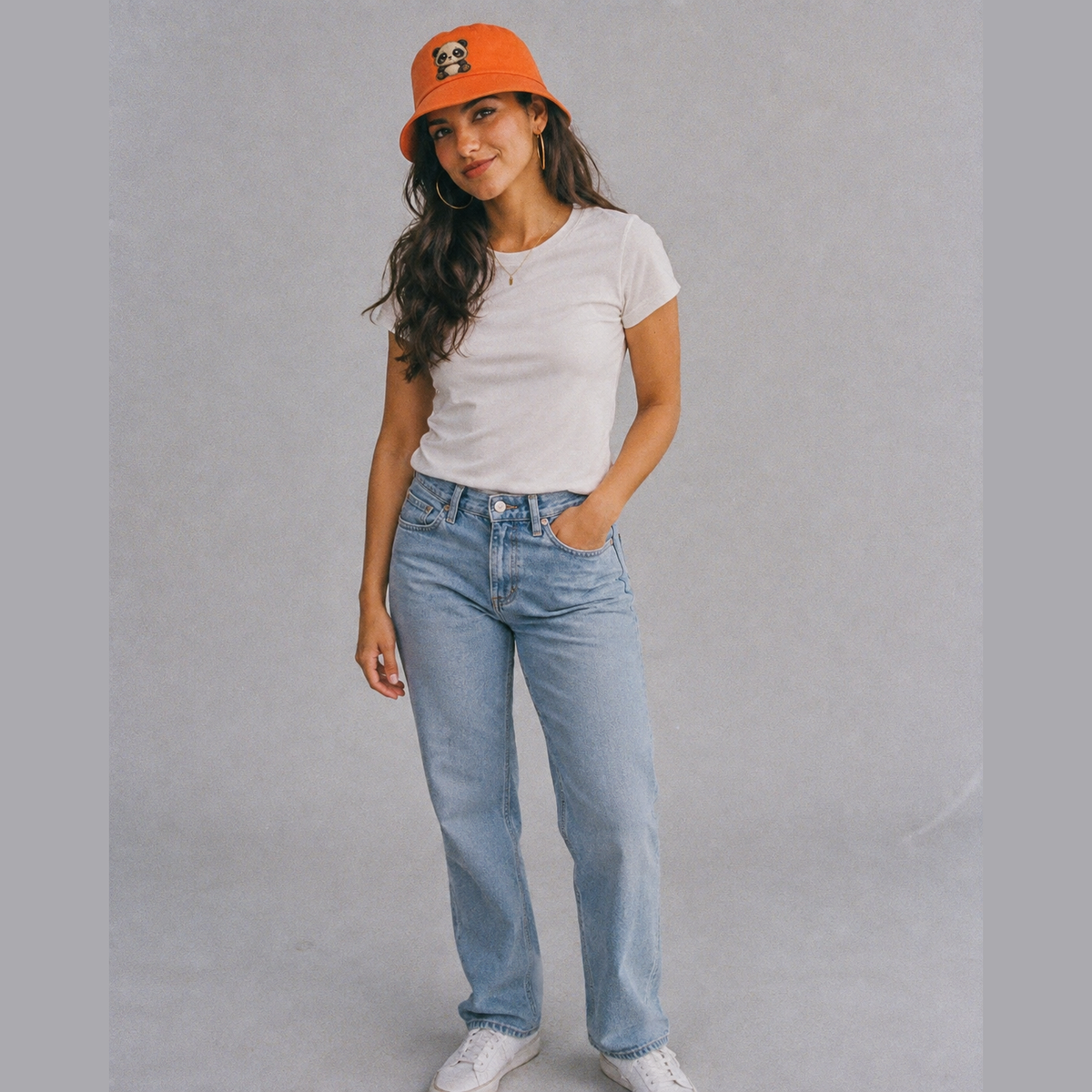 Baby Giant Panda Cub Cotton Bucket Hat – worn by a model