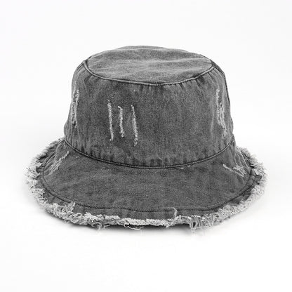 Vintage Washed Denim Fisherman Hat - Distressed Raw Edge Sun Hat with Wide Brim - Retro Unisex Bucket Cap