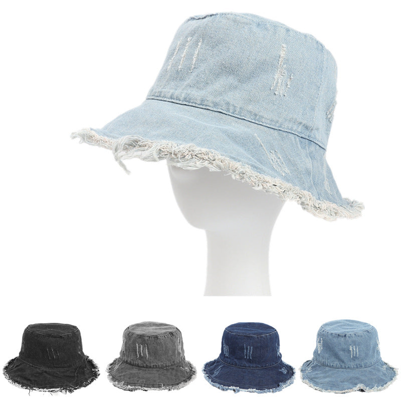 Vintage Washed Denim Fisherman Hat - Distressed Raw Edge Sun Hat with Wide Brim - Retro Unisex Bucket Cap
