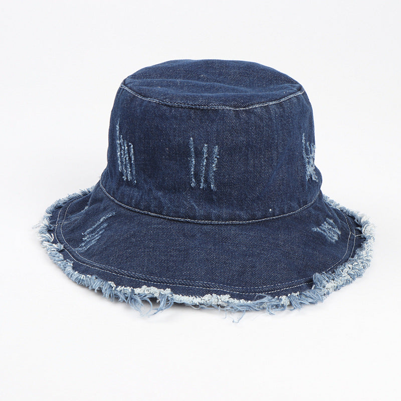 Vintage Washed Denim Fisherman Hat - Distressed Raw Edge Sun Hat with Wide Brim - Retro Unisex Bucket Cap