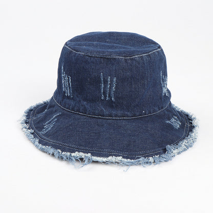 Vintage Washed Denim Fisherman Hat - Distressed Raw Edge Sun Hat with Wide Brim - Retro Unisex Bucket Cap