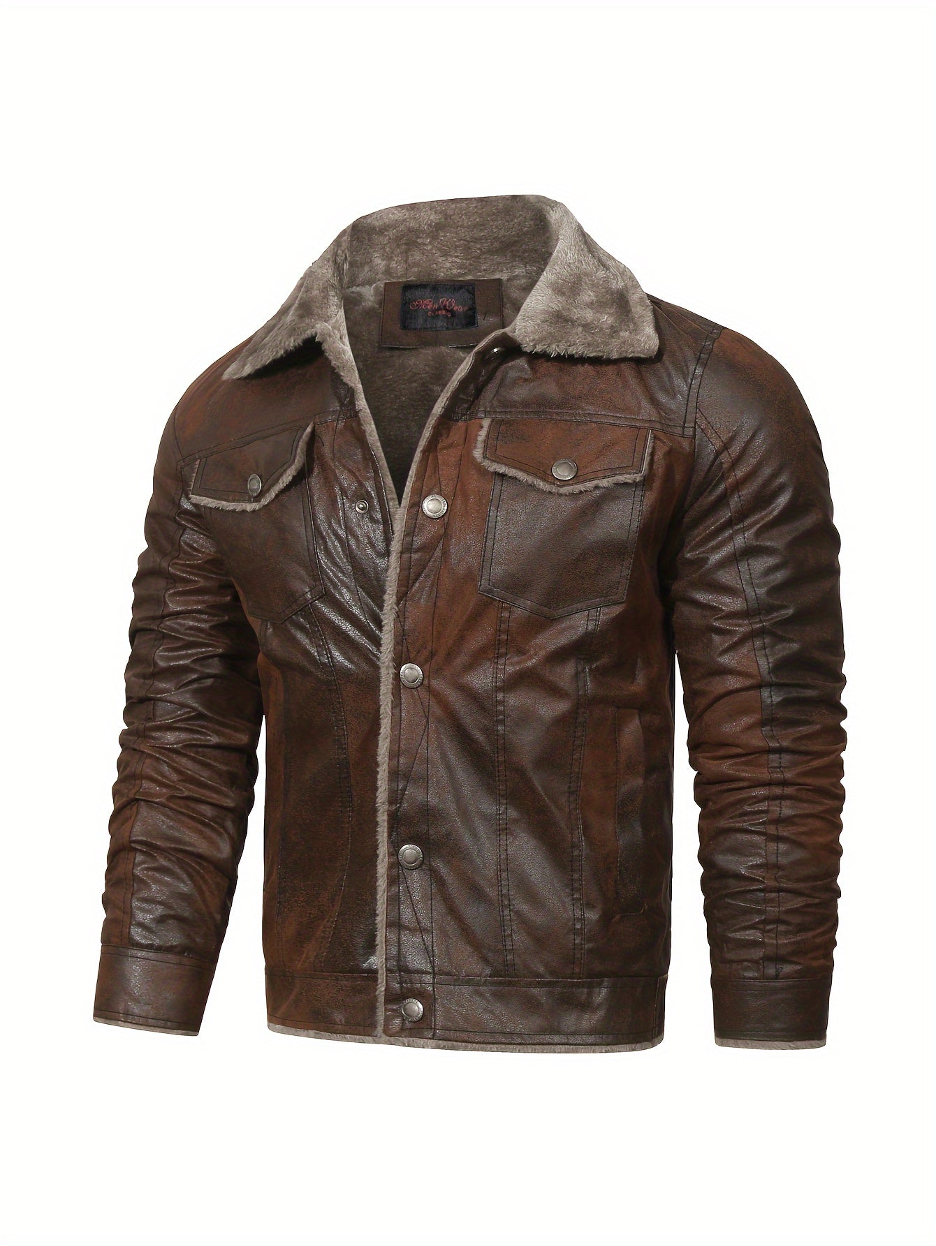 Men s Warm Fleece PU Leather Jacket Casual Lapel Faux Leather Jacket Pandaize
