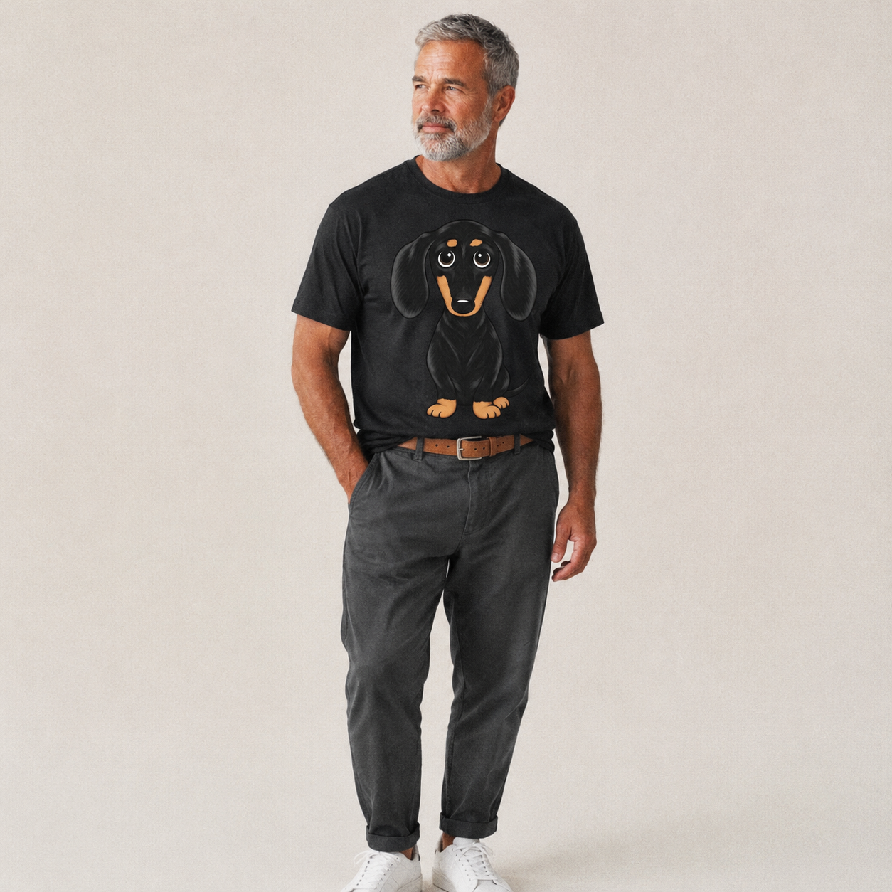 Vintage Style Dachshund Print Classic T-shirt – studio model photo