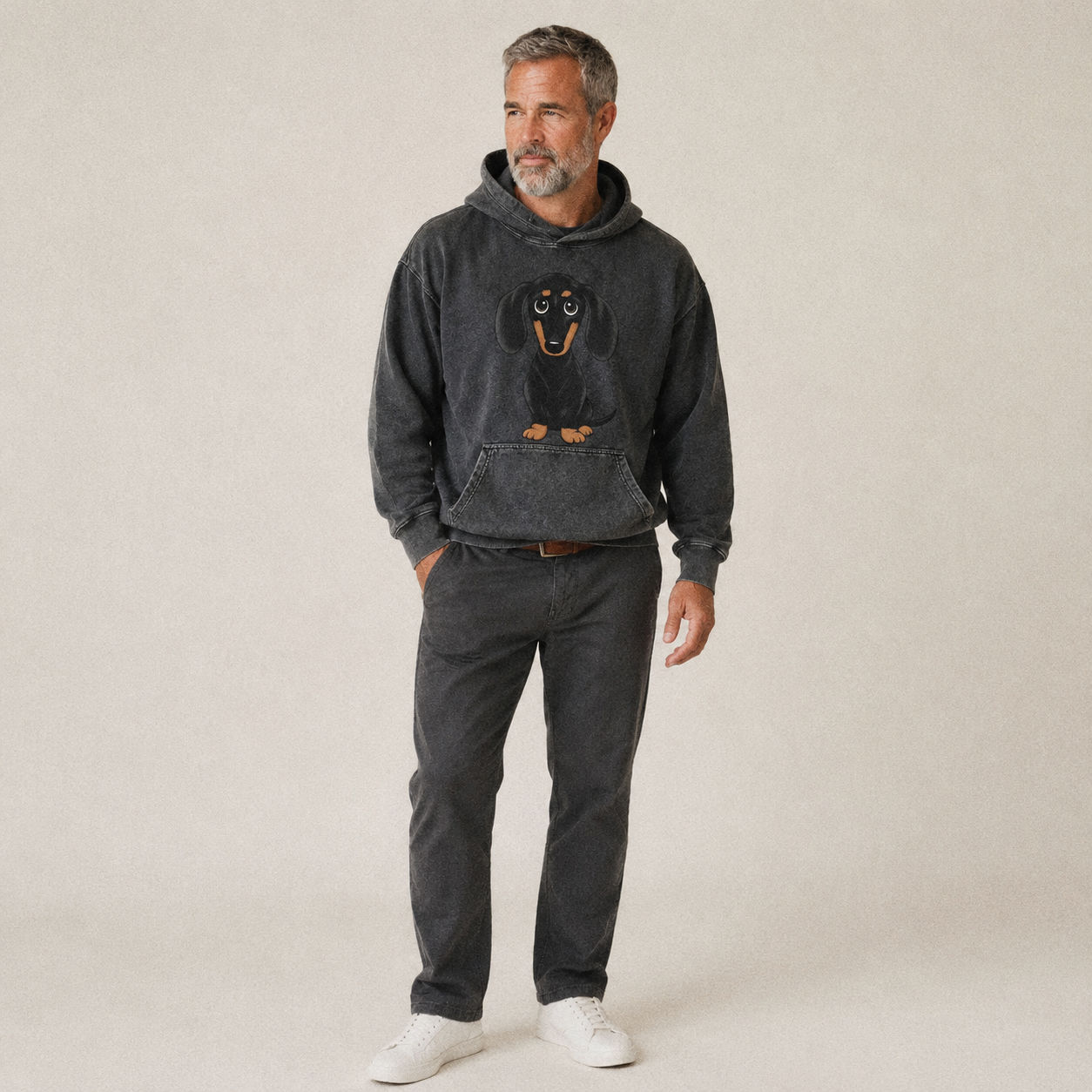 Vintage Style Dachshund Print Vintage Washed Hoodie – studio model photo