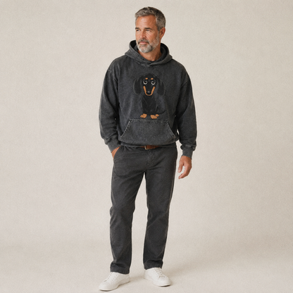 Vintage Style Dachshund Print Vintage Washed Hoodie – studio model photo