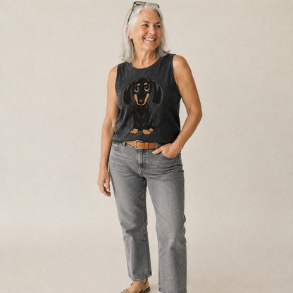 Vintage Style Dachshund Print Vintage Washed Tank – studio model photo