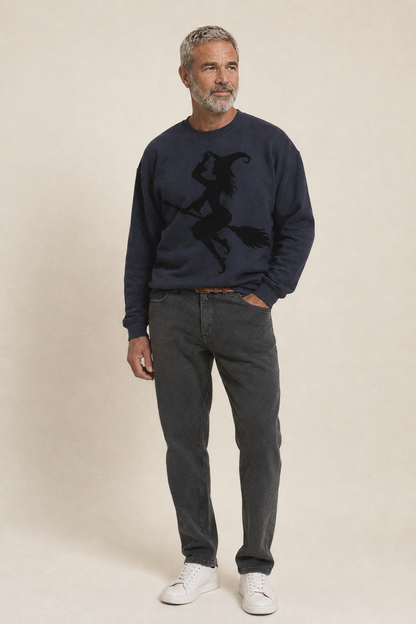 202308151409 Witch On Broom 4 Fleece Sweatshirt – studio model photo
