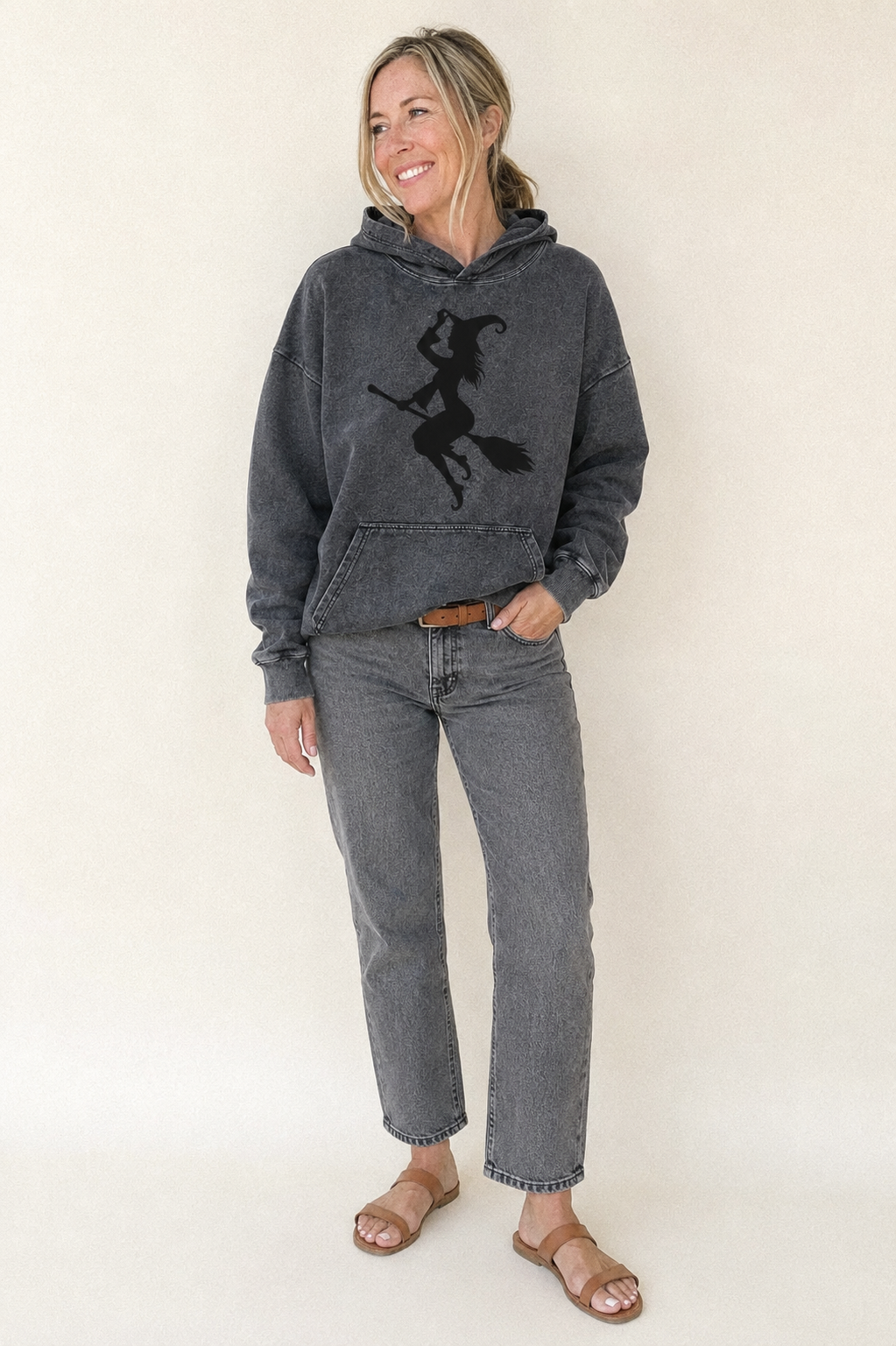 202308151409 Witch On Broom 4 Vintage Washed Hoodie – studio model photo