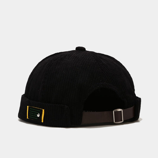 "Vintage Corduroy Patch Beanie for Men and Women - Stylish Korean Fashion Design with Retro Charm and Unique Label Detail" Black Hat - Size undefined