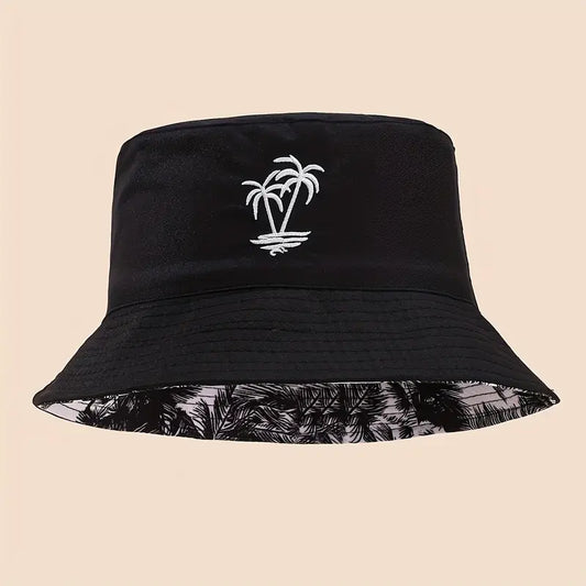 Reversible Palm Tree Fisherman Hat - Cotton Canvas Bucket Hat with Double-Sided Print - Unisex Sun Protection Outdoor Cap