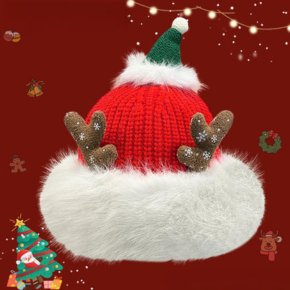 Christmas Knit Beanie with Antlers – Faux Rabbit Fur, Ear Warmers, Wide Brim for Outdoor Commute & Gatherings