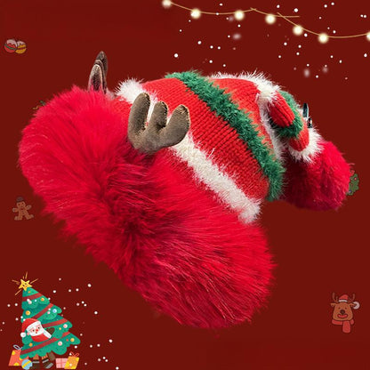 Christmas Knit Beanie with Antlers – Faux Rabbit Fur, Ear Warmers, Wide Brim for Outdoor Commute & Gatherings