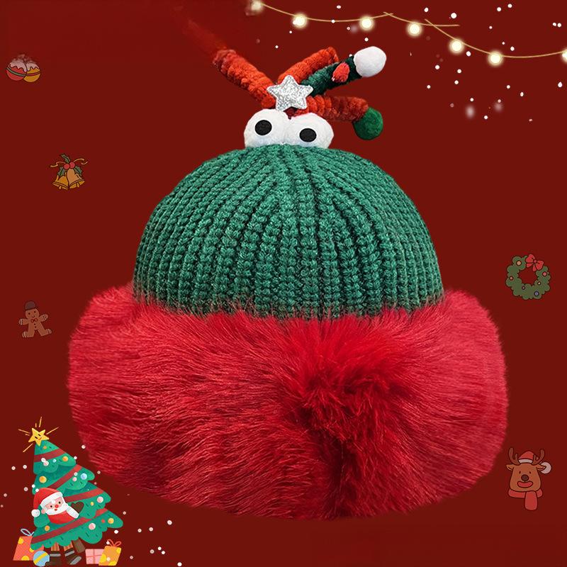 Christmas Knit Beanie with Antlers – Faux Rabbit Fur, Ear Warmers, Wide Brim for Outdoor Commute & Gatherings