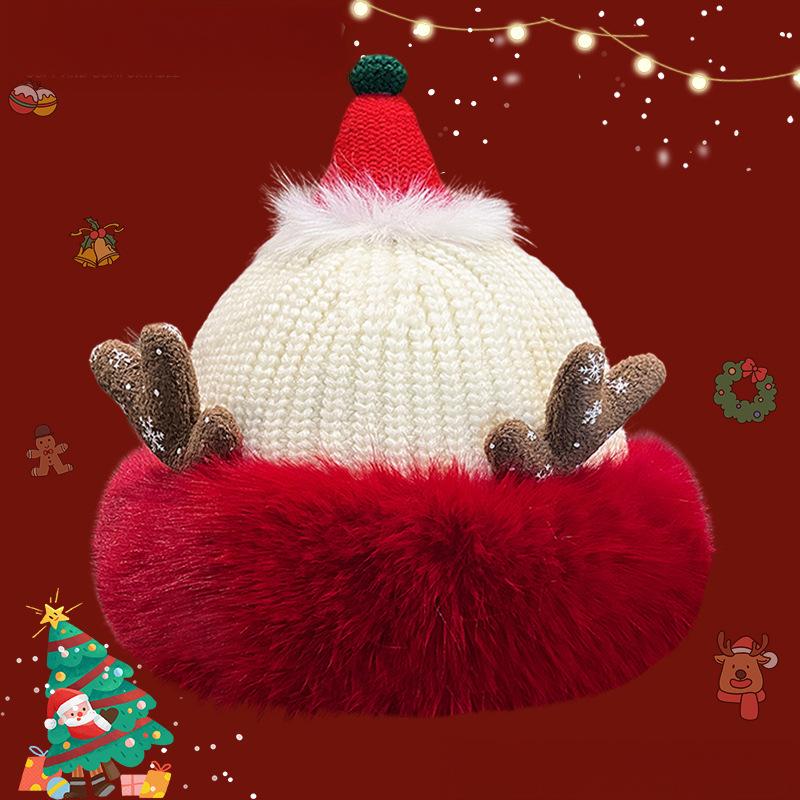 Christmas Knit Beanie with Antlers – Faux Rabbit Fur, Ear Warmers, Wide Brim for Outdoor Commute & Gatherings