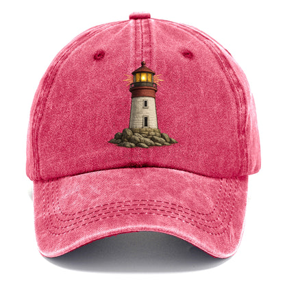 illuminated lighthouse on a rocky shore Hat