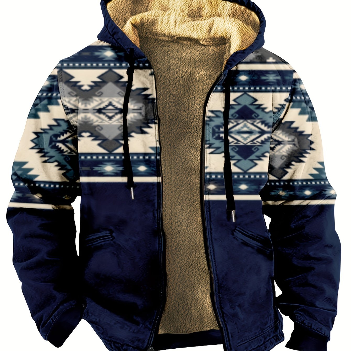 Ethnic Style Warm Fleece Hooded Jacket, Men's Casual Warm Thick