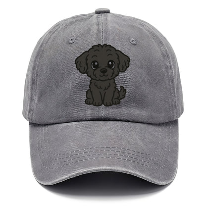 black maltipoo black curly sitting pose portrait design Hat