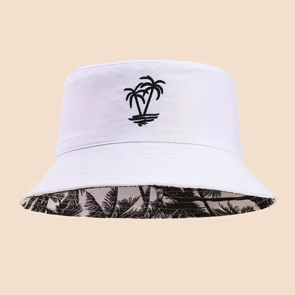 Reversible Palm Tree Fisherman Hat - Cotton Canvas Bucket Hat with Double-Sided Print - Unisex Sun Protection Outdoor Cap
