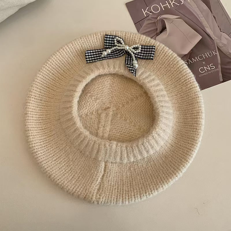 Vintage Knitted Bow Beret - Thickened Winter Hat for Cycling Skiing Outdoor Activities