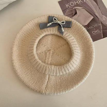 Vintage Knitted Bow Beret - Thickened Winter Hat for Cycling Skiing Outdoor Activities