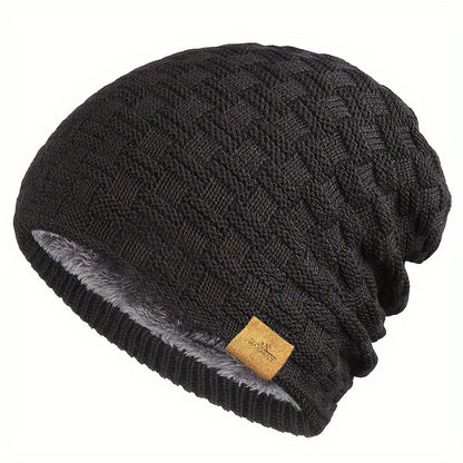 Pandaize W Patch Fleece Beanie - Coldproof Knit Hat for Autumn & Winter