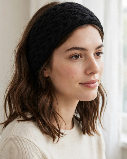 Merino Wool Wide Braided Headband — worn by a model showing the fit