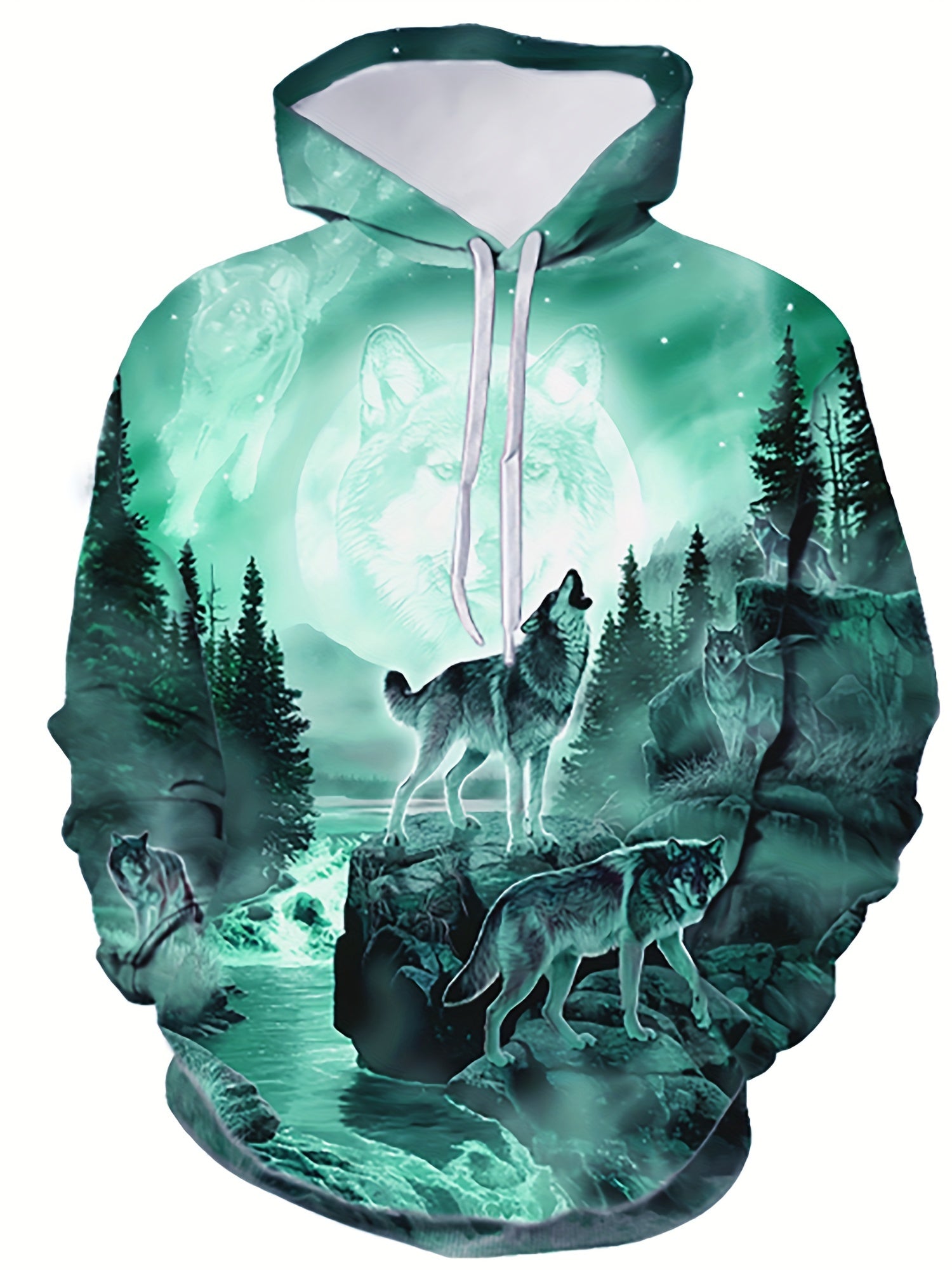 3D Wolf In The Moonlight Print Hoodie, Cool Hoodies For Men, Men's Casual Graphic Design Pullover Hooded Sweatshirt With Kangaroo Pocket Streetwear