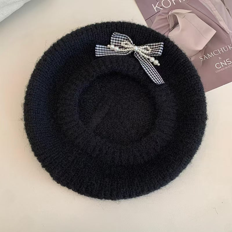 Vintage Knitted Bow Beret - Thickened Winter Hat for Cycling Skiing Outdoor Activities