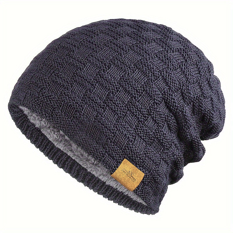 Pandaize W Patch Fleece Beanie - Coldproof Knit Hat for Autumn & Winter