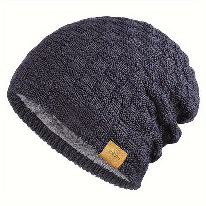 Pandaize W Patch Fleece Beanie - Coldproof Knit Hat for Autumn & Winter