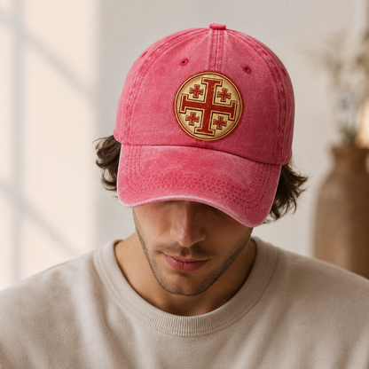 Vintage Red Jerusalem Cross Emblem Classic Cap – editorial product image