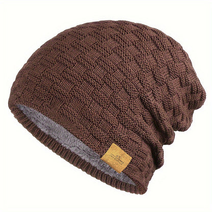 Pandaize W Patch Fleece Beanie - Coldproof Knit Hat for Autumn & Winter