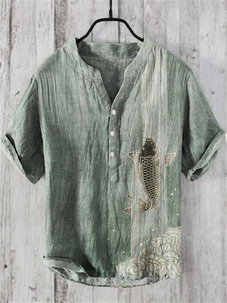 'Japanese Art Linen Blend Shirt - Upstream Carp Design'