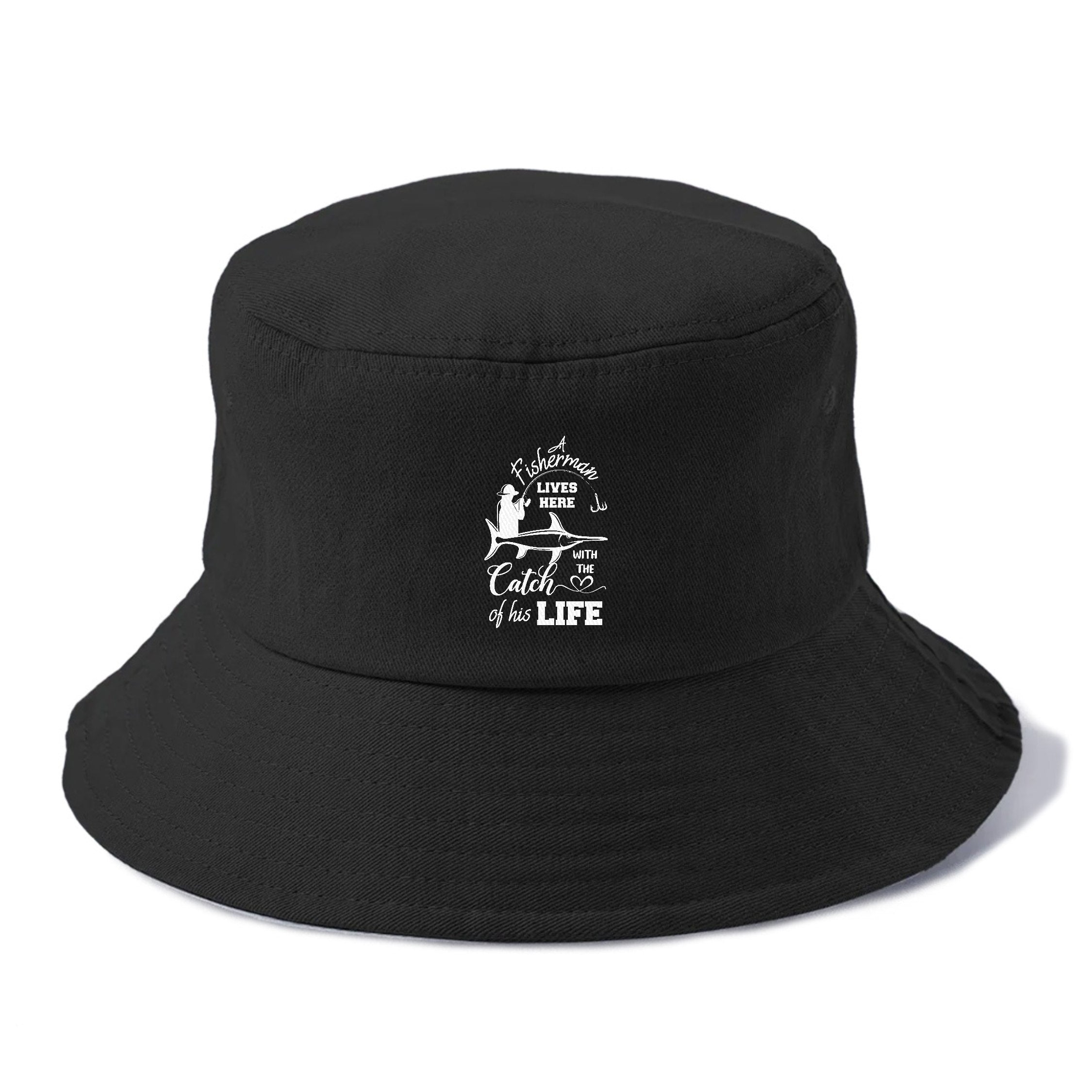 Fisherman Lives Here With The Catch Of His Life Bucket Hat – Pandaize