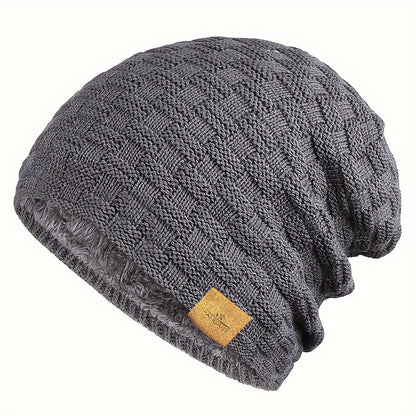 Pandaize W Patch Fleece Beanie - Coldproof Knit Hat for Autumn & Winter