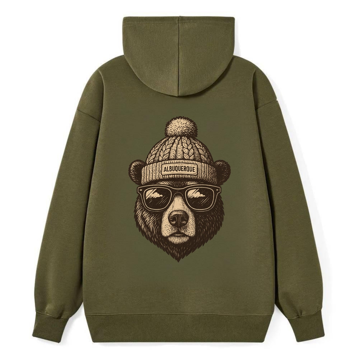 New Mexico Black Bear wearing Albuquerque beanie with pom pom and - Classic Pullover Hoodie - ArmyGreen