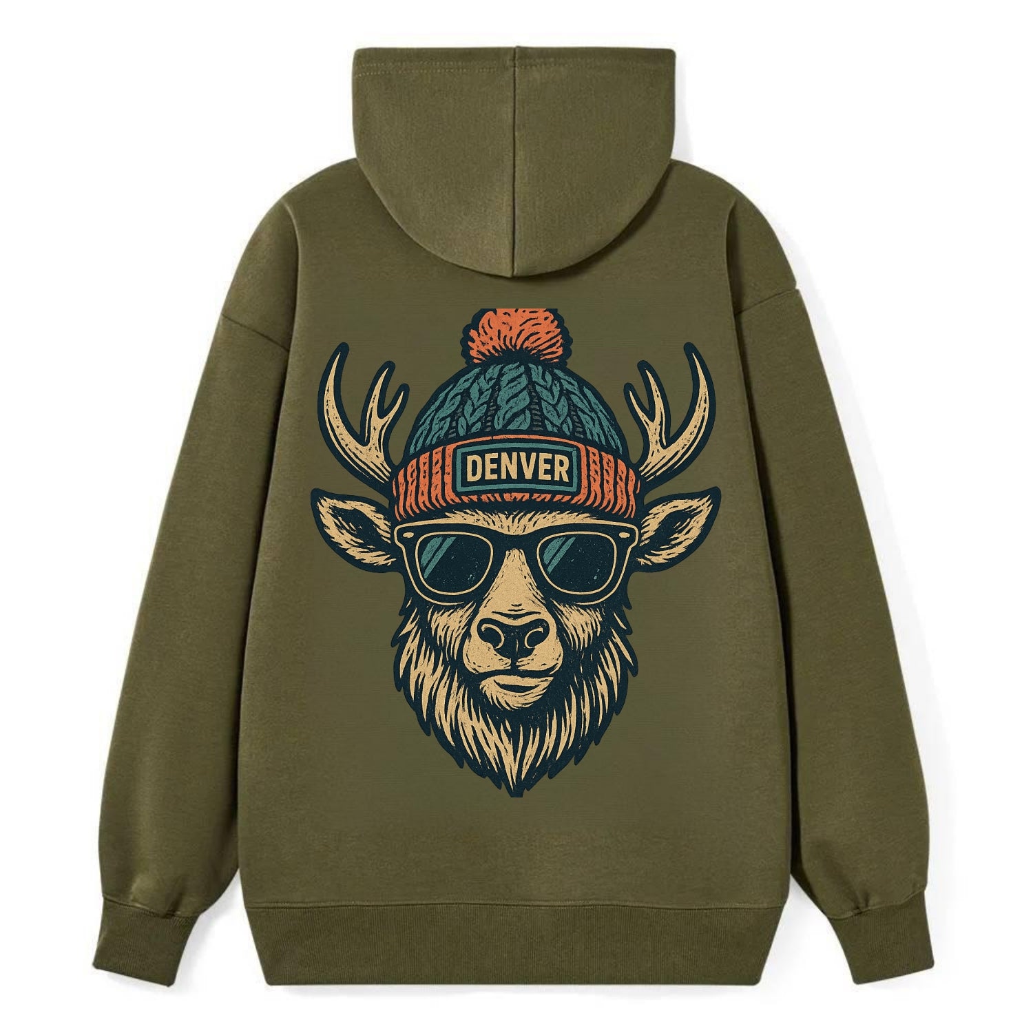 Denver Elk wearing Denver beanie with pom pom and wayfarer sunglasses - Classic Pullover Hoodie - ArmyGreen