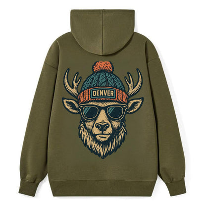 Denver Elk wearing Denver beanie with pom pom and wayfarer sunglasses - Classic Pullover Hoodie - ArmyGreen