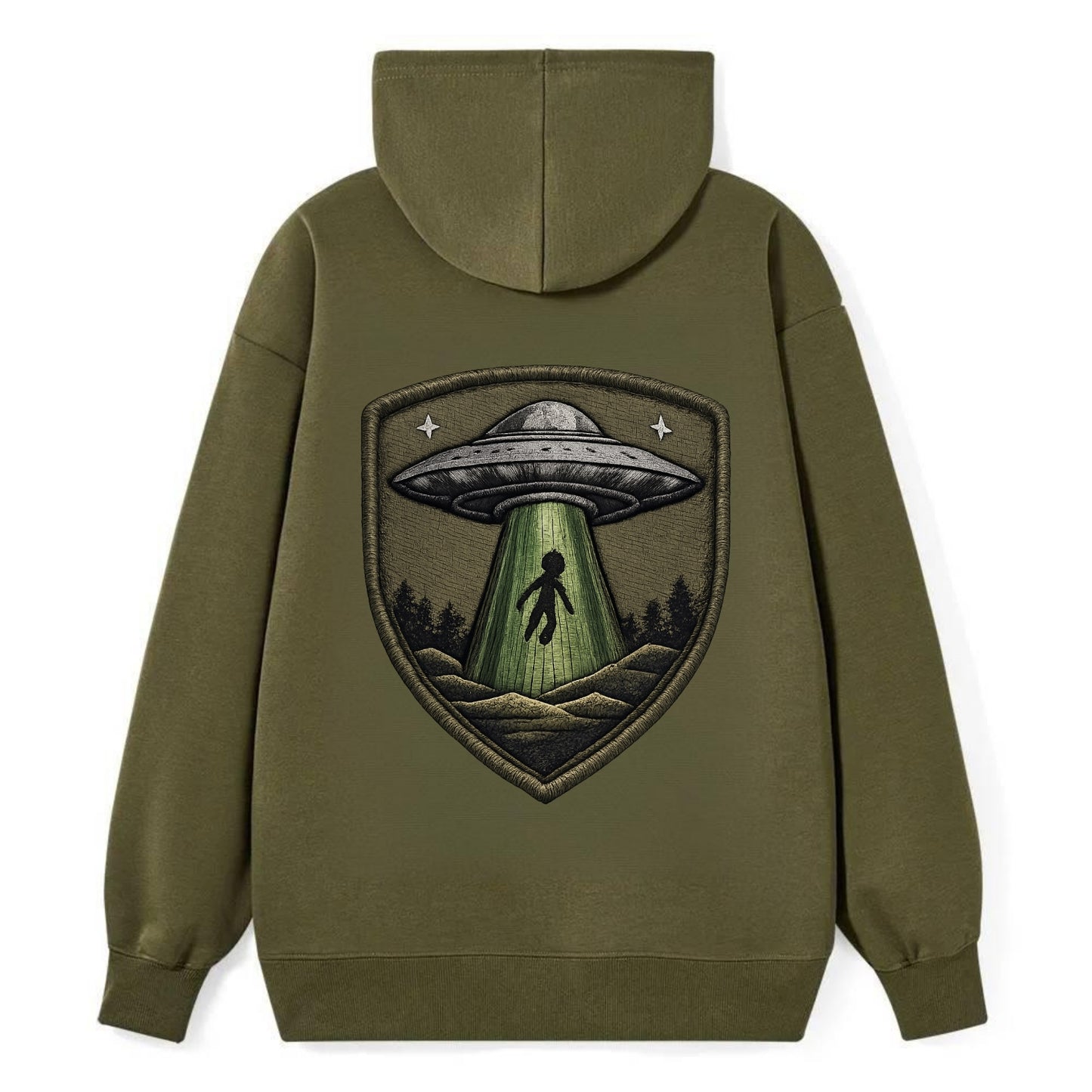 UFO ALIEN - flying saucer with beam in silver and green , extraterrestrial - Classic Pullover Hoodie - ArmyGreen