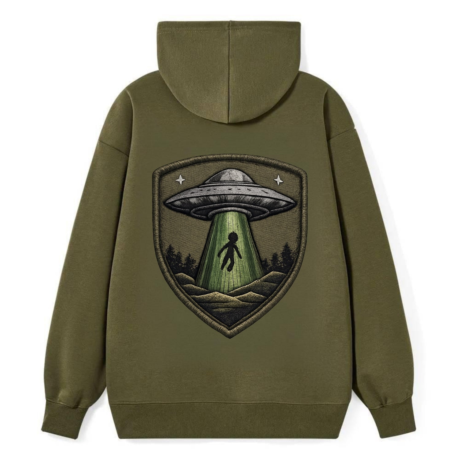 UFO ALIEN - flying saucer with beam in silver and green , extraterrestrial - Classic Pullover Hoodie - ArmyGreen
