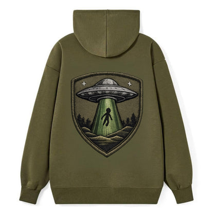 UFO ALIEN - flying saucer with beam in silver and green , extraterrestrial - Classic Pullover Hoodie - ArmyGreen