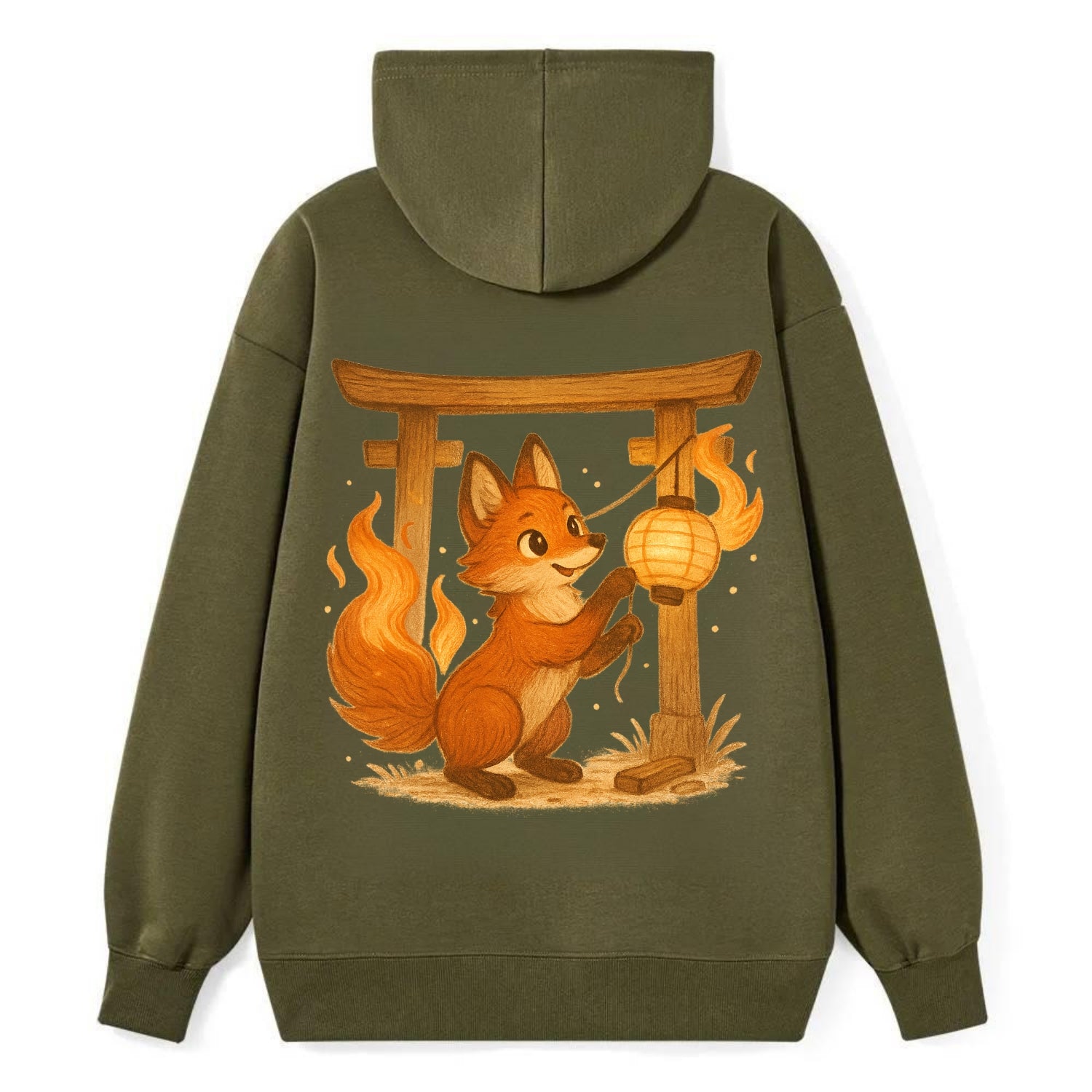 Foxfire kitsune stringing lanterns along a torii gate with tails of - Classic Pullover Hoodie - ArmyGreen