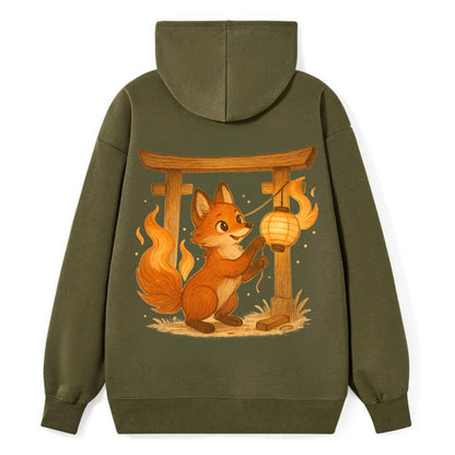 Foxfire kitsune stringing lanterns along a torii gate with tails of - Classic Pullover Hoodie - ArmyGreen