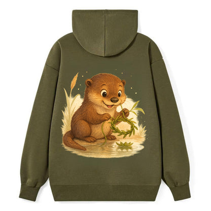 Otter weaving river reeds into a floating crown beside mirror-still water - Classic Pullover Hoodie - ArmyGreen