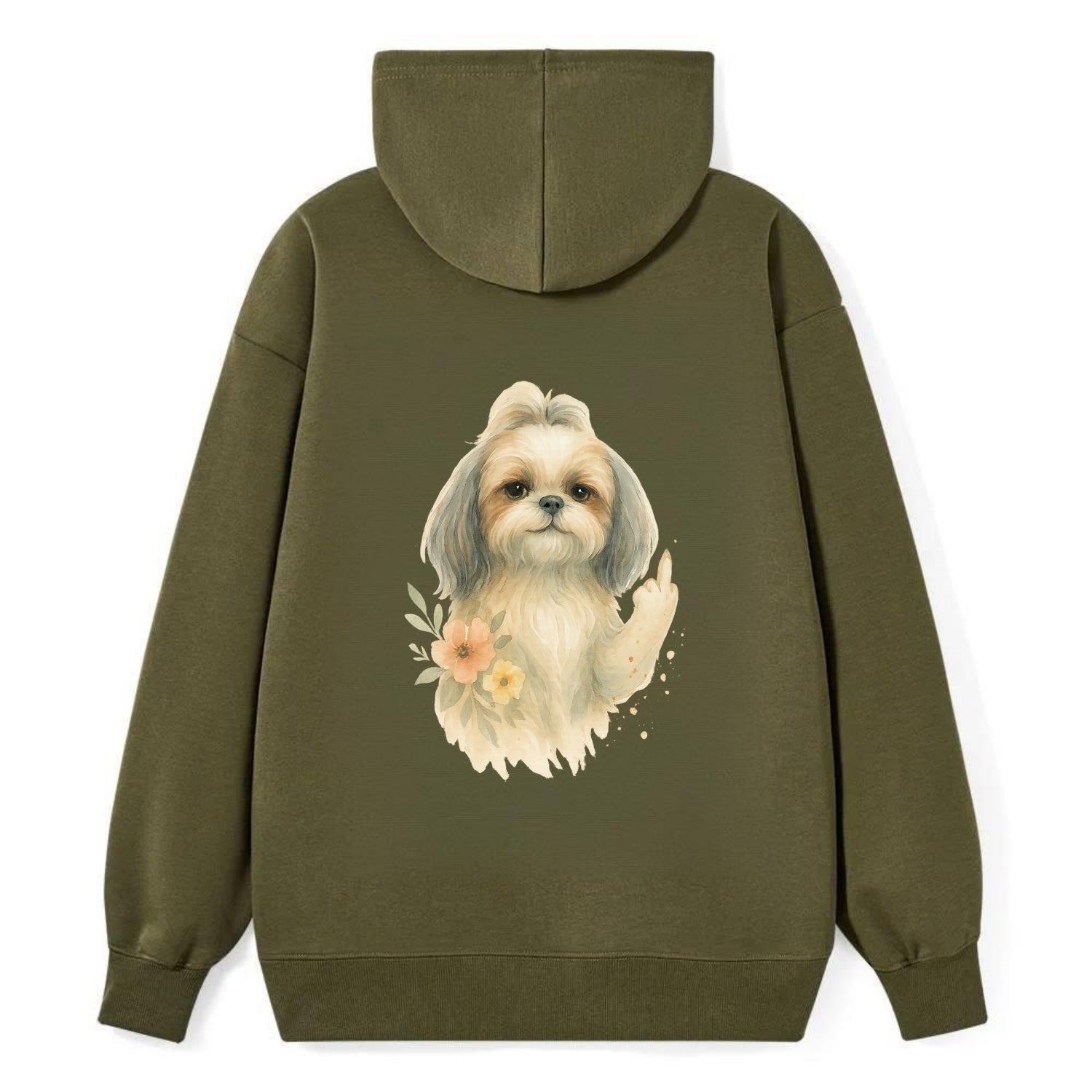 Shih Tzu with long flowing silky hair, tiny paw showing attitude - Classic Pullover Hoodie - ArmyGreen